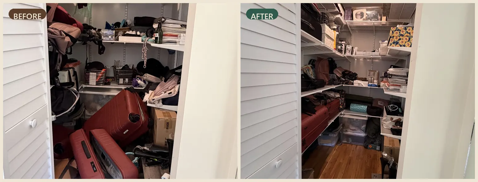 Coat closet before and after organizing