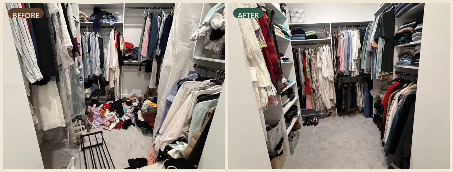 Wardrobe before and after organizing